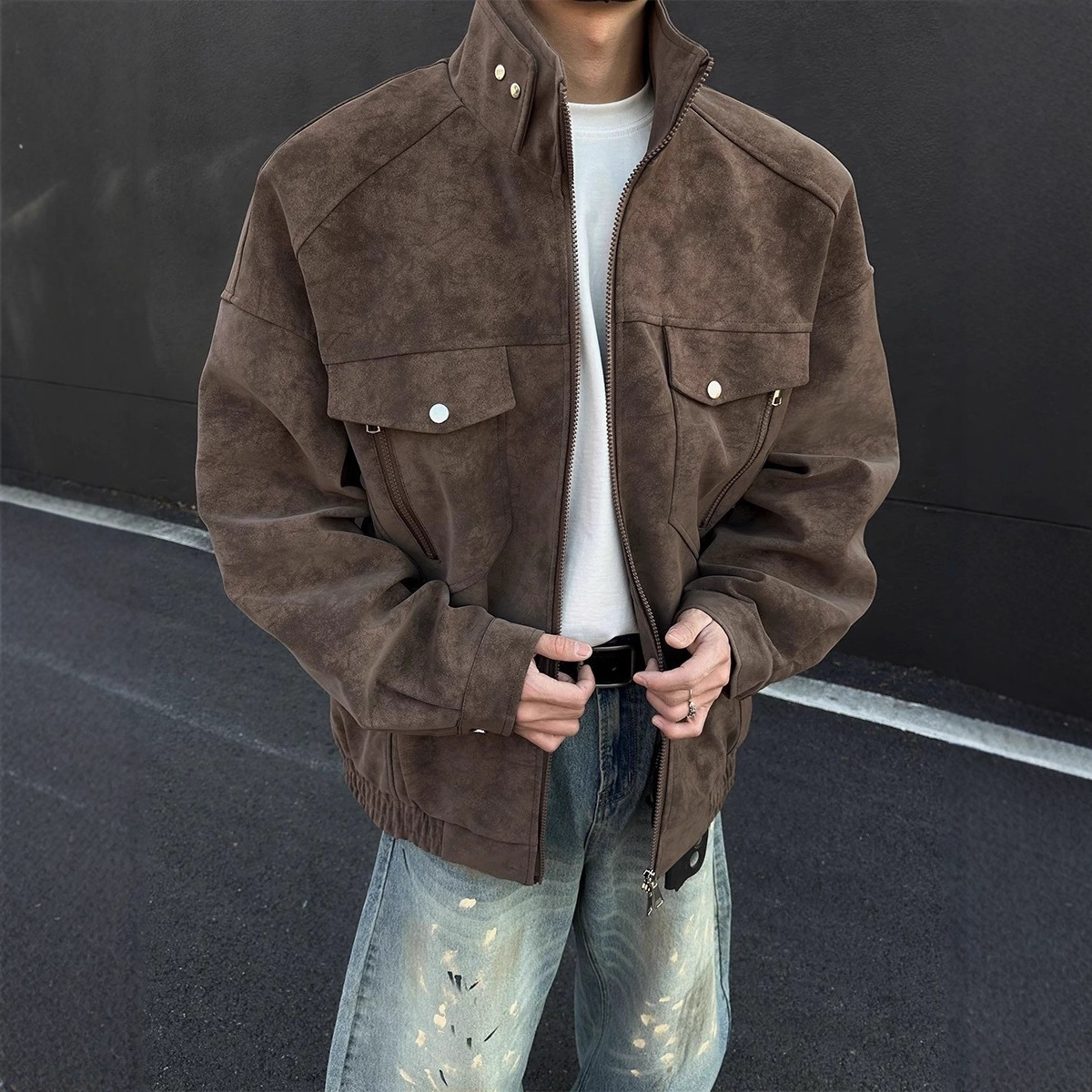 American Designer Jacket Street Style Motorcycle Leather Jacket For Men 2025 Autumn New Loose Casual Turn-down Collar Coat