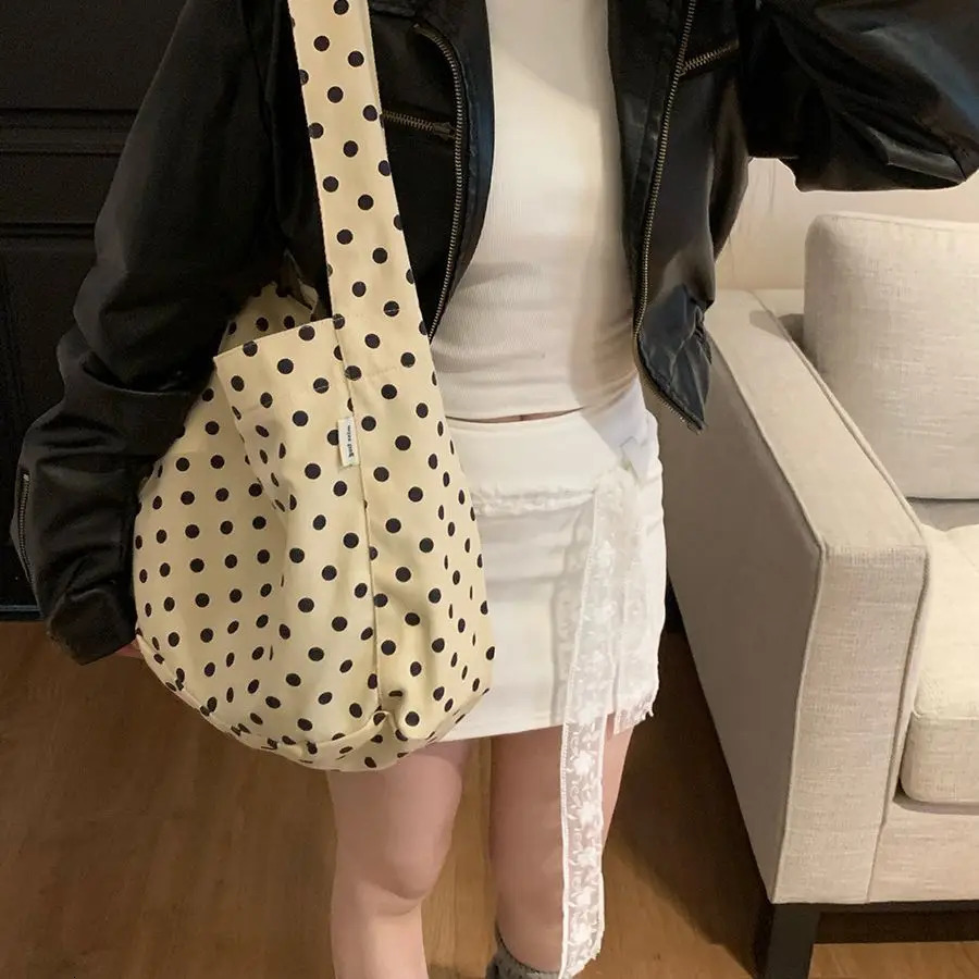 Korean Causal Polka Dot Handbag Female Instagram Fashion Canvas Shoulder Bag Large Capacity Tote Bags 251029