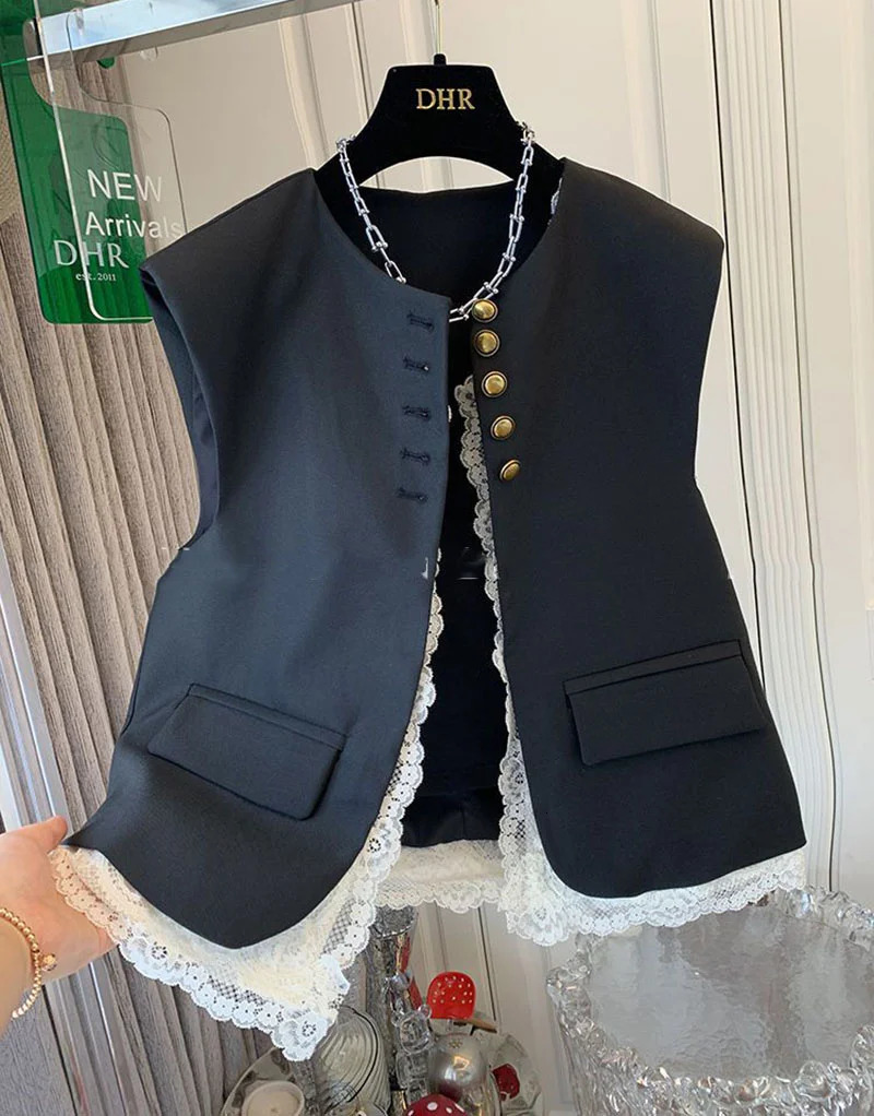 Women Lace Patchwork Vest Korean O Neck Casual Sleeveless Jackets 2025 Female Loose Waistcoat Vintage Chic Tops Women Clothing 251029