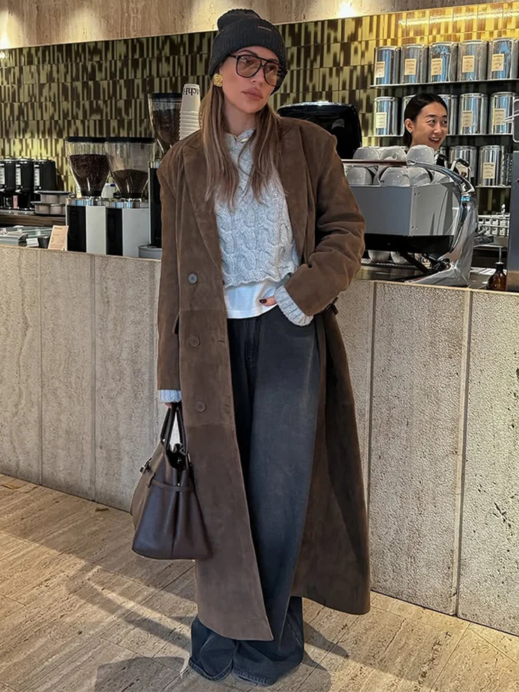 High Street Doublebreasted Suede Jackets Womens Vintage Turndown Collar Split Long Coat Autumn Winter Ladies Outwear 251028
