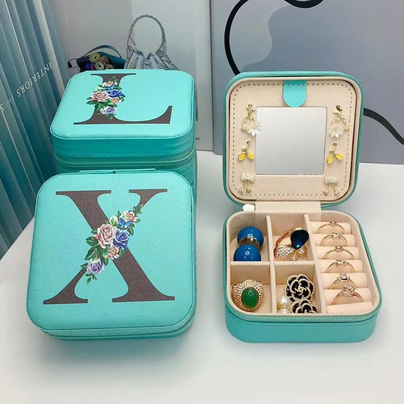 Black Alphabet Flower Print Jewelry Boxes Blue Personalized Box Girls Organizer Case for Wedding Party Gift 251013