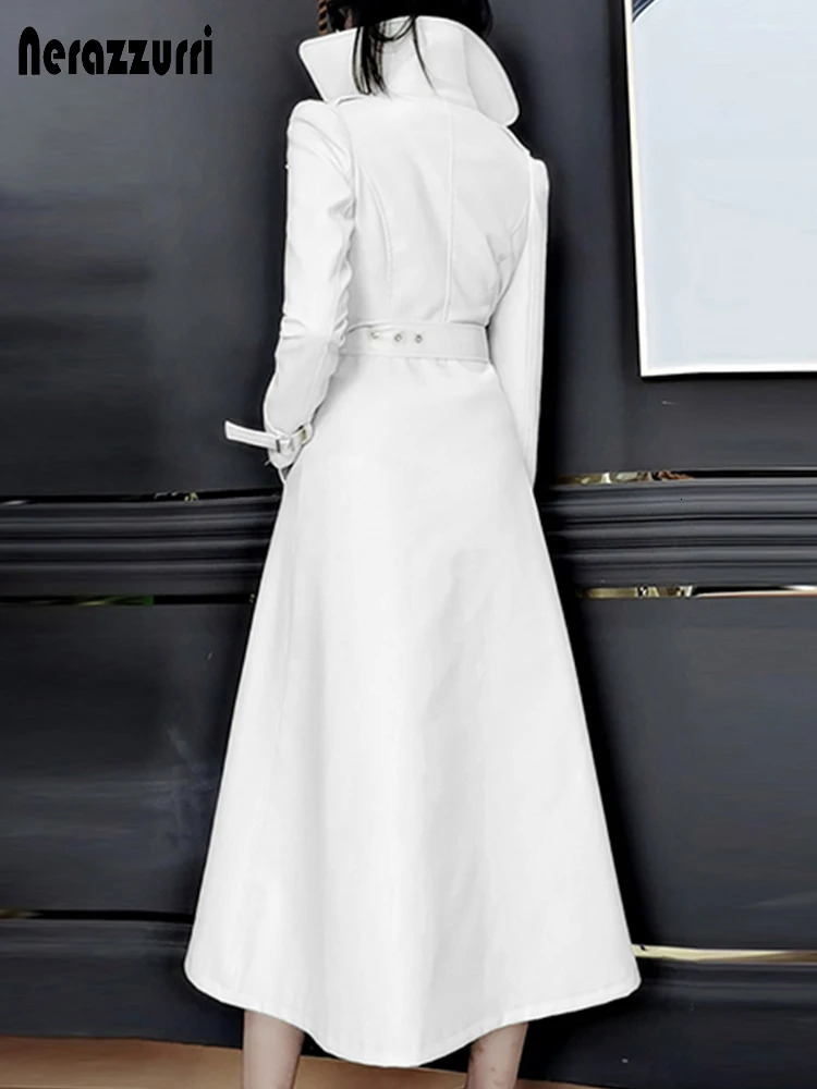 Nerazzurri Spring Runway White Long Leather Trench Coat for Women Long Sleeve Elegant fashion Womens Coats 251029