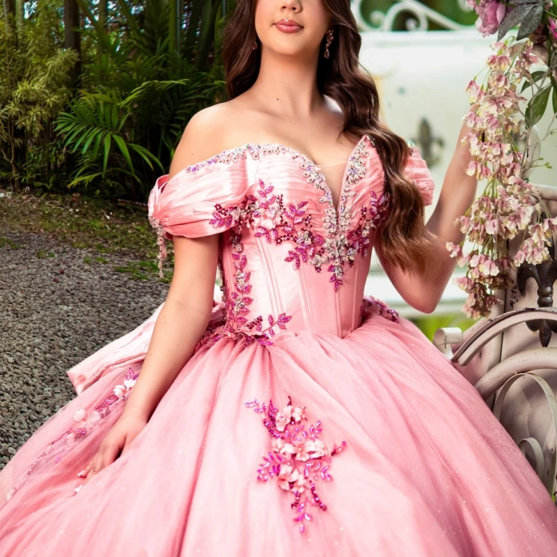 Pink Shiny Ball Gown Quinceanera Dresses Off The Shoulder Applique Flower Beads Bow Tull Party Birthday Sweet 16 Dress Vestidos