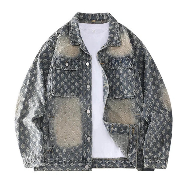 New Spring Autumn Jacquard Pattern Mens Denim Jackets Loosen Fit Vintage Jeans Coats Males Casual Clothes S-4XL