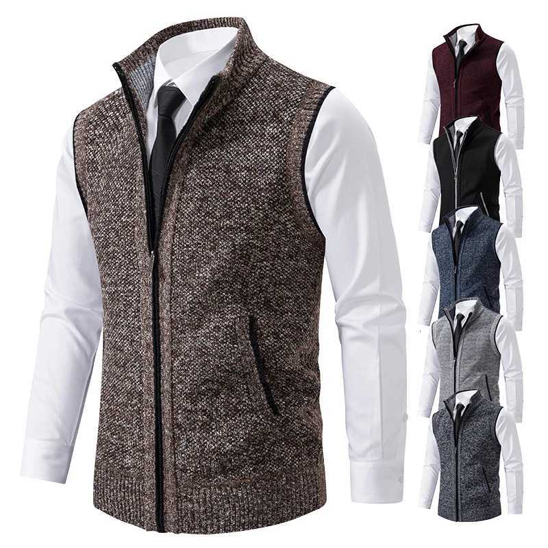 Sweater Vest Mens Knitted Sleeveless Coat Wool Velvet Zipper Cardigan Turndown Pullovers Turtleneck Sweatercoat Knit Waistcoat W251029