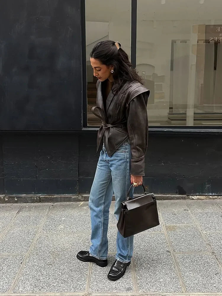 Vintage Vneck Belt Faux Leather Jackets Women Chic Full Sleeve Lace Up High Waist Lapel Overcoat Autumn Female Street Outerwear 251029