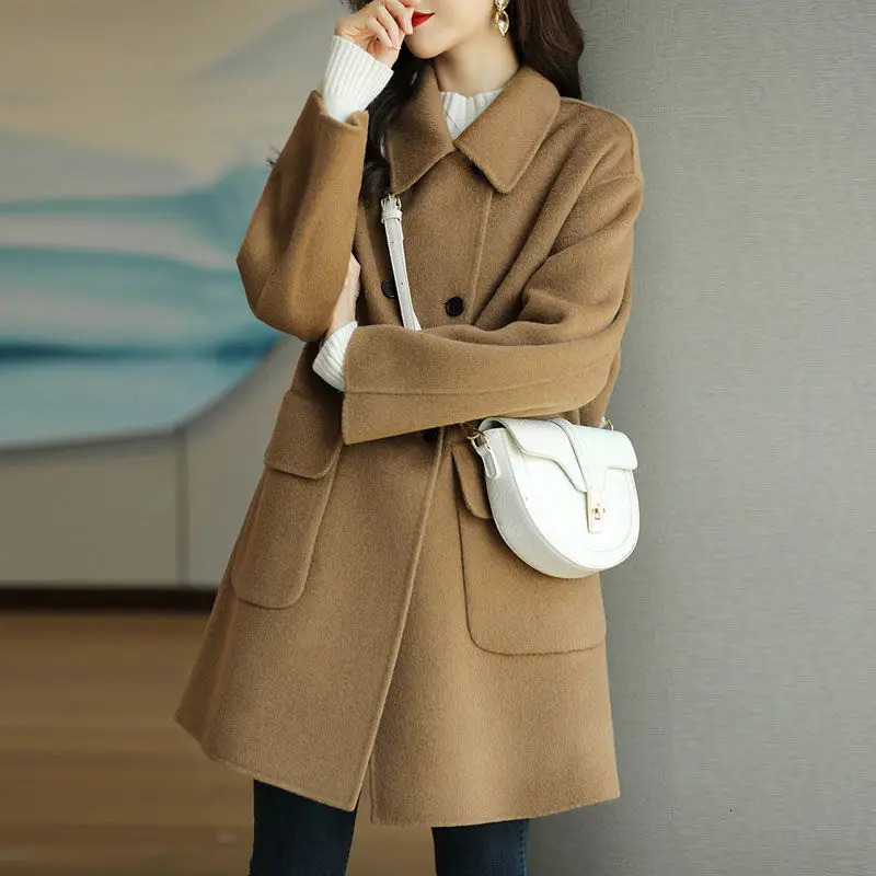 Plus Size Womens Thickened Woolen Coat Of The Season Autumn Winter Style Coffee Color Slimming MidLength Korea 251029