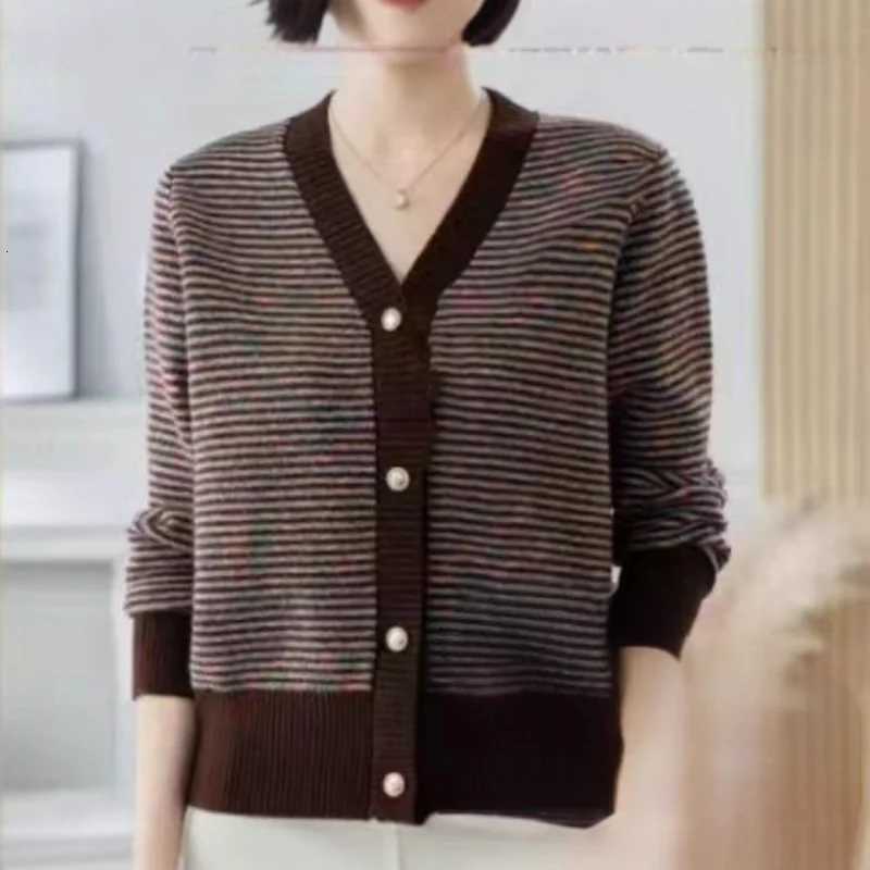 New Contrasting Striped Vneck Sweater Womens Loose Casual and Versatile Sweater Jacket Cardigan TopT251028