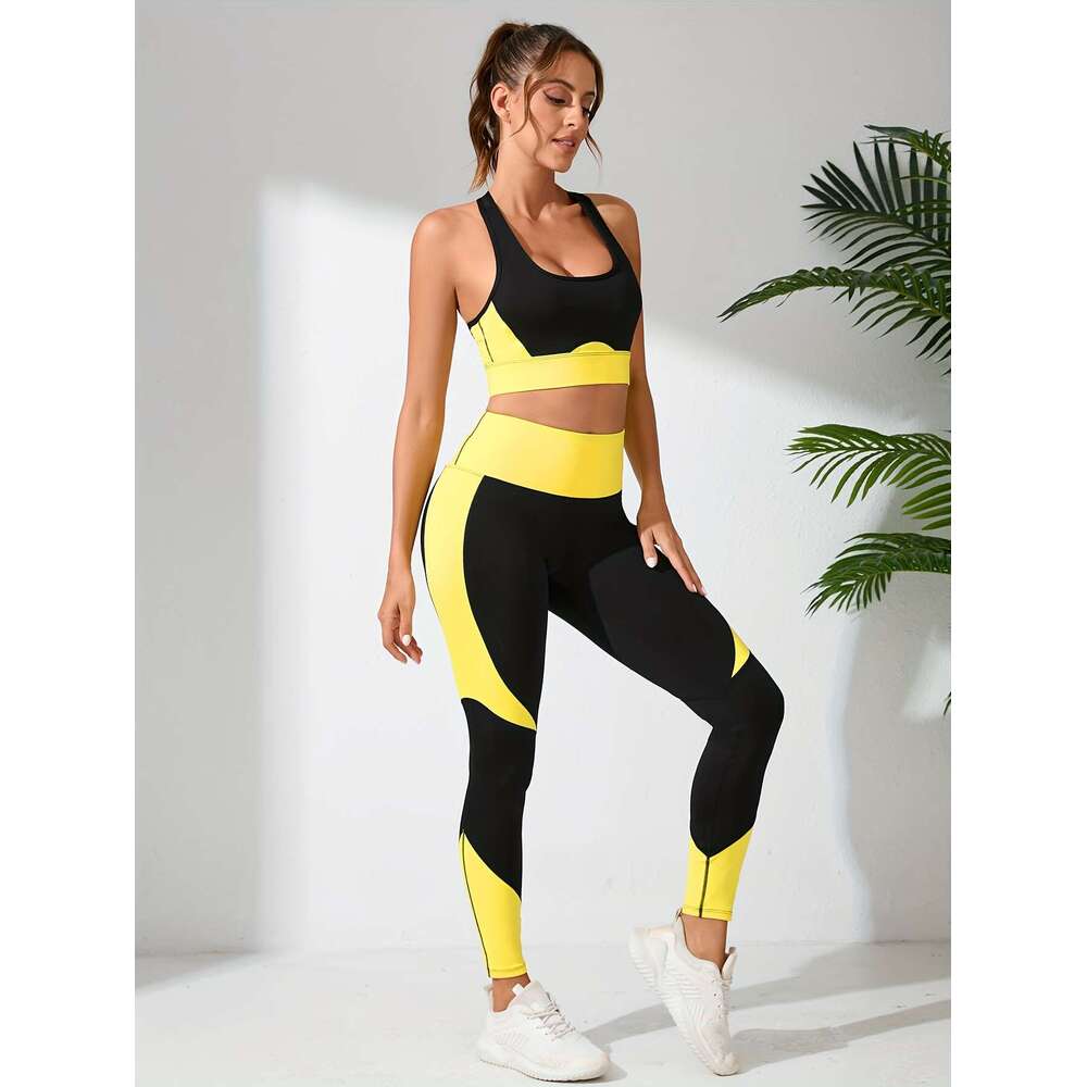 Fiess Training Pants Yoga Bra Set, Waist High Elasticity Hip-lifting Slimming Tight Leggings, Women's Sports Underwear 2pcs Set