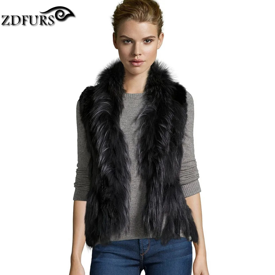 ZDFURS high quality knitted rabbit fur vest raccoon dog fur collar knitted vest rabbit fur waistcoat ZDKR165005 251029