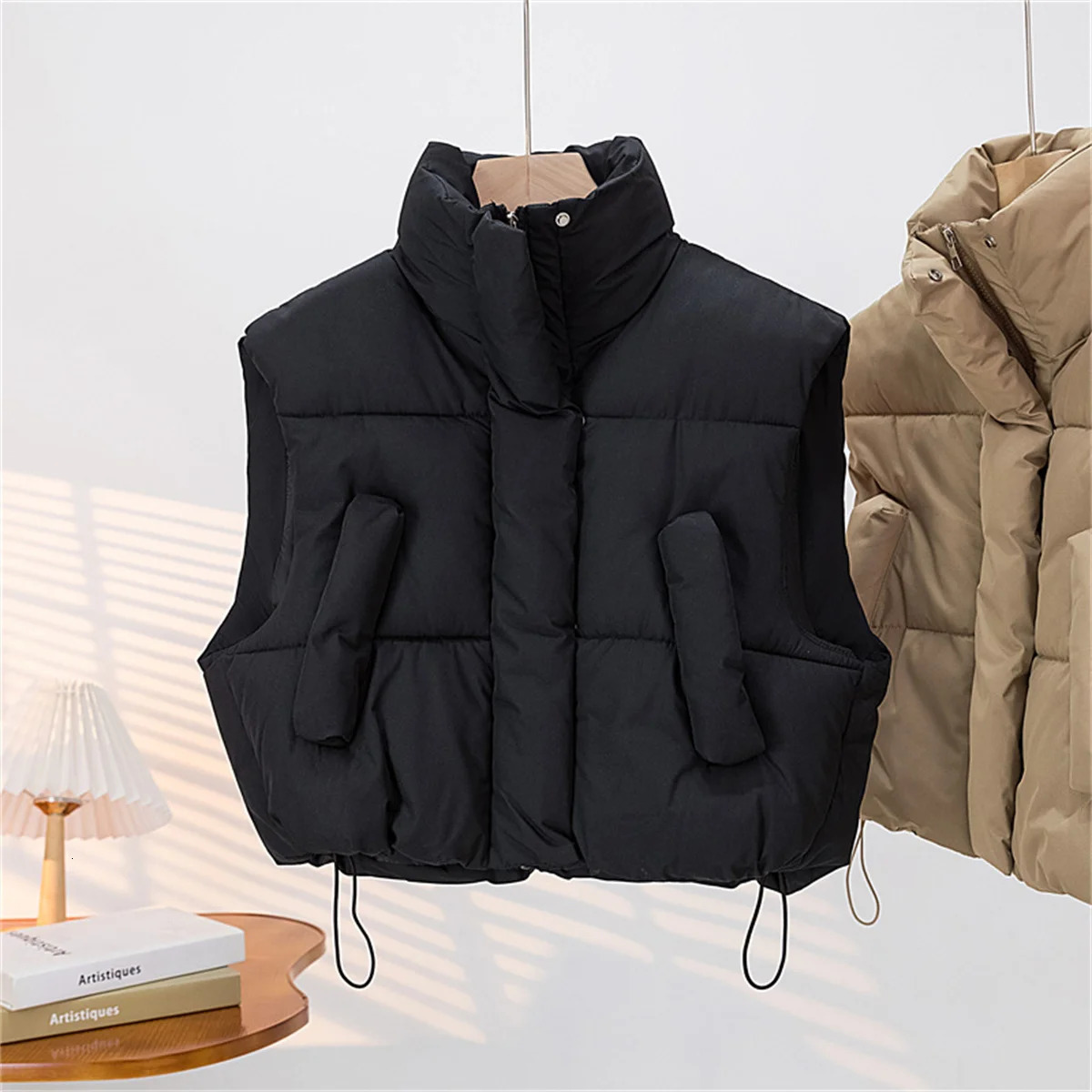Autumn Winter Womens Short Cotton Down Vest Short Standup Collar Warm Sleeveless Quilted Vest Outdoor Jacket Tops Outwear 251029