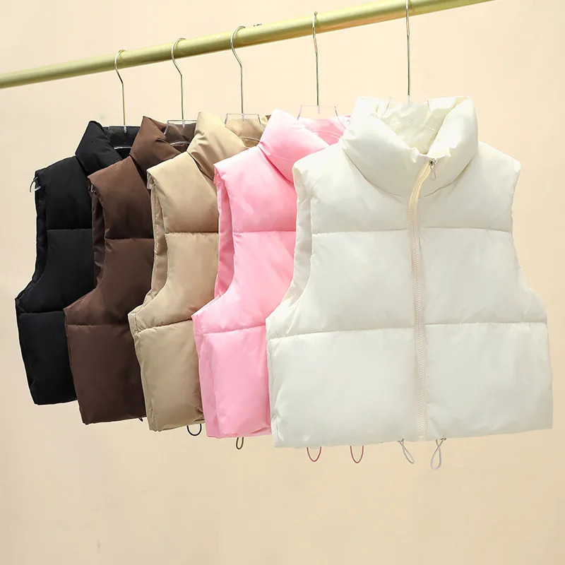 Winter Short Down Sleeveless Vest Women Warm Stand Collar Zipper Jacket Casual Fashion Quilted Cropped Coats Street Outerwears 251029