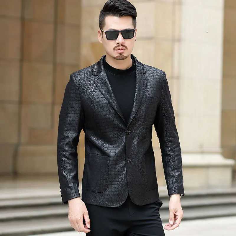 Mens leather jackets leather jackets mens single leather jackets sheepskin crocodile pattern suit jackets slim fitT251029
