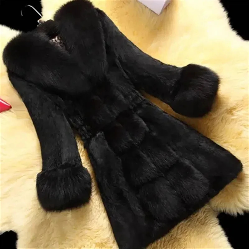Korea Fashion Rabbit Hair Jacket Womens Elegant Fur Coat Female Clothing Winter Slim Warm MidLong Overcoat 251029