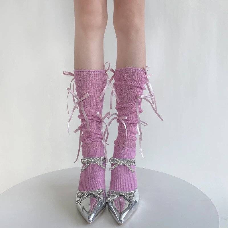 Ballet Style Multi Bowknot Womens Socks Fashion Cotton Elastic High Tube Female Sock Sweet Lolita Bow Calf Socks Solid Colors 251029