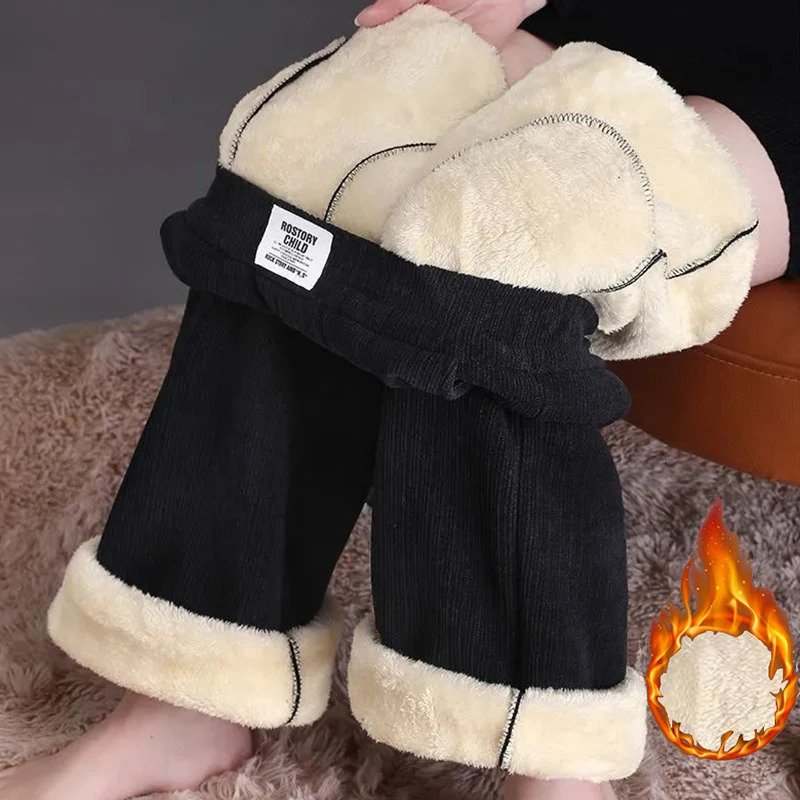 Winter Female Straight Leg Plush Thermal Pants Lady High Waist Fleece Trousers Women Fashion Snow Warm Loose Daily Pants 251029