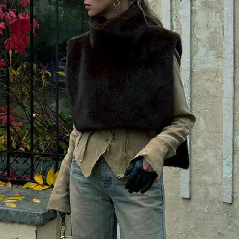 Winter Solid Faux Fur Vest for Women Sleeveless High Collar Thickened Warm Jackets Female Street Allmatch Outwear 251029