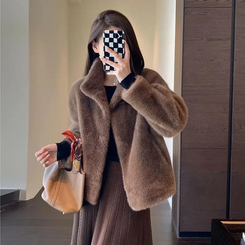 Spring Autumn Lady Short Leather Fur Outwear Women Fashion Stand Collar Mink Fur Top Female Long Sleeves Fox Jacket 251029