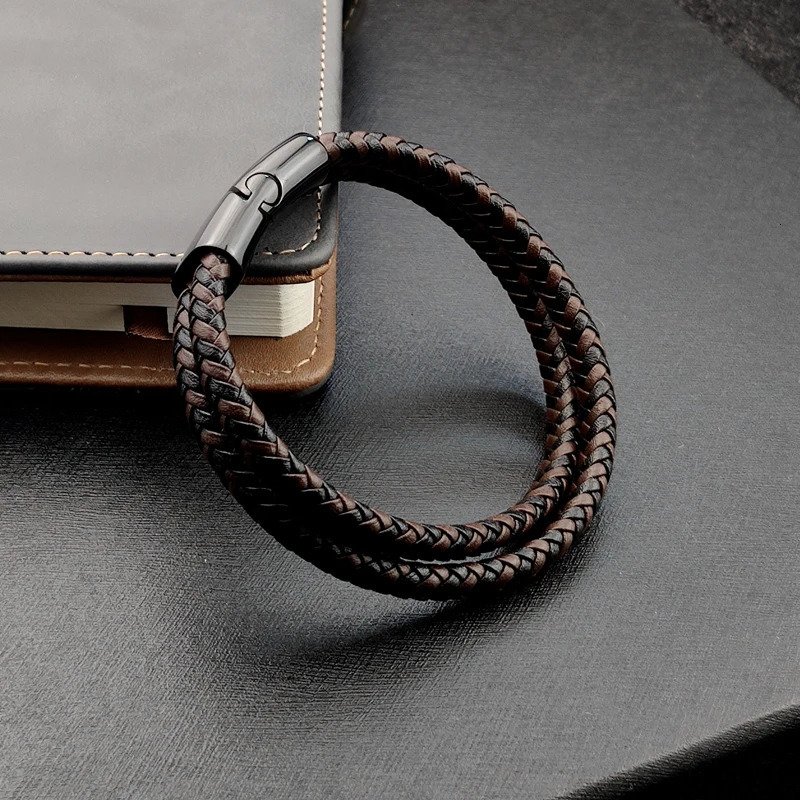 Steel Bracelet Double Layer Brown Black Leather Braided Rope Man High Quality Stainless Steel Magnetic For Women Gift 251013