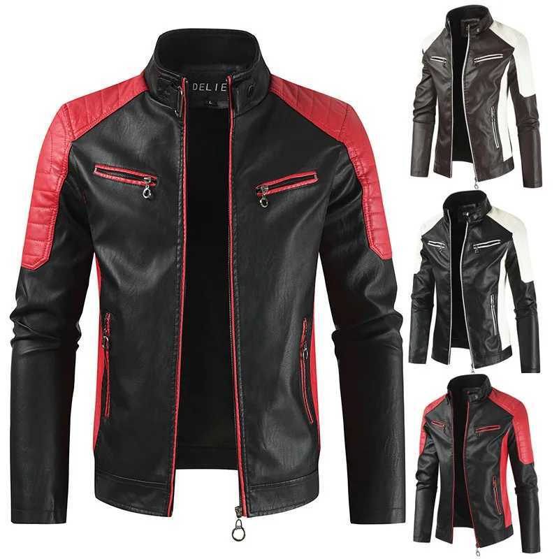 Fall Trendy Color Coats Mens Stand Collar Leather Jacket Block Motor Biker Jacket Classic Jacket Aviator Full Zip OuterwearT251029