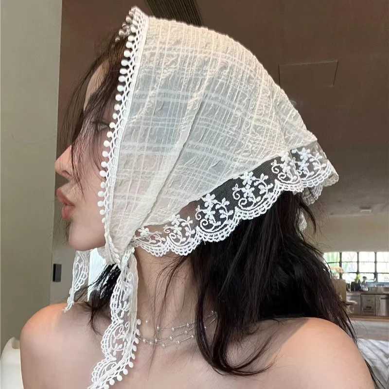 Korean Ins Lace Hair Scarf Women Retro Triangle Hair Band Strap Hair Bag Headscarf Hat Travel Photo Headband Turban AccessorieW251028