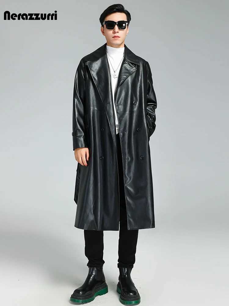 Nerazzurri Autumn Winter Long Black Soft Pu Leather Trench Coat Men Belt Double Breasted Luxury Plus Size Overcoat 3xl 4xl 5xlT251029