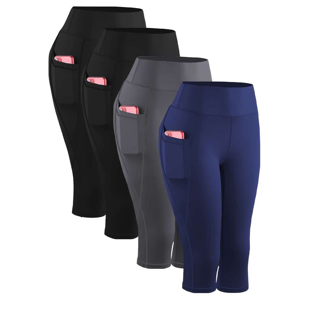 4Pcs Plus-Size Women's Capri Yoga Leggings - High-Waist, Stretchy Compression Fiess Pants With Side Pockets, Breathable Knit Fabric In Black, Nav