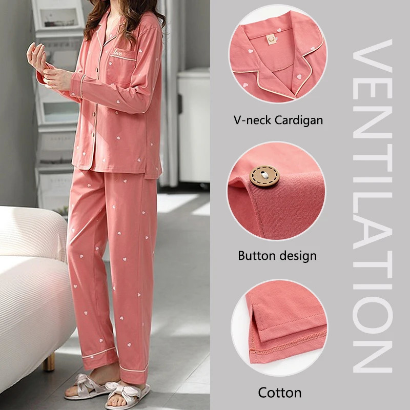 High Quality Large Size Women Cotton Pajamas Button down Tops and Trousers Set Sleepwear Homewear Printing Nightwear Loungewear 251029