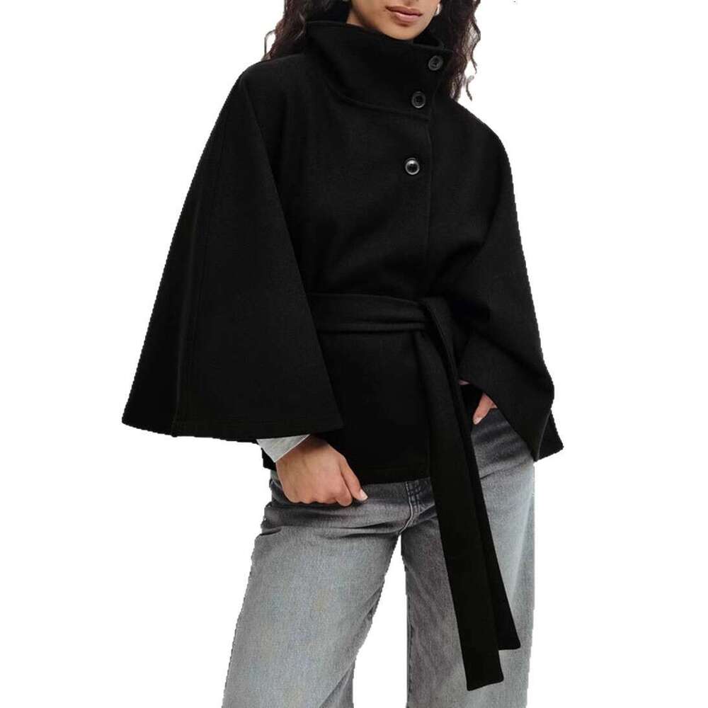Women's Fashion Autumn Winter New Solid Color Cape Stand Collar Button Belt Trench Coat
