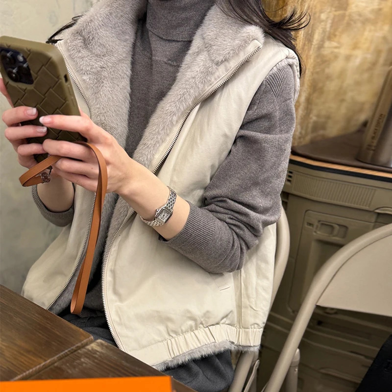 Women Korean Style Mink Fur Reversible Vest Coats Autumn Winter Highend Stand Collar Thick Warm Loose Casual Zipper Waistcoat 251027