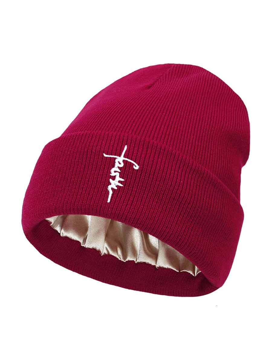 Embroidered Letter Beanies Bonnet For WomenMen 2Layer Silk Satin Lined Anti Static Knitted Hat Autumn Winter SKi Skullies Cap 251013
