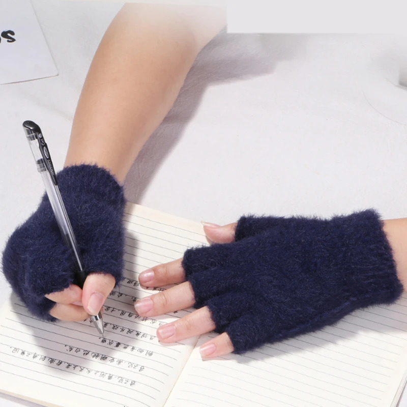 Winter Warm Knit Gloves Half Finger Men Women Thermal Gloves Autumn Solid Color Adult Writing Office Thick Elastic Plush Gloves 251029