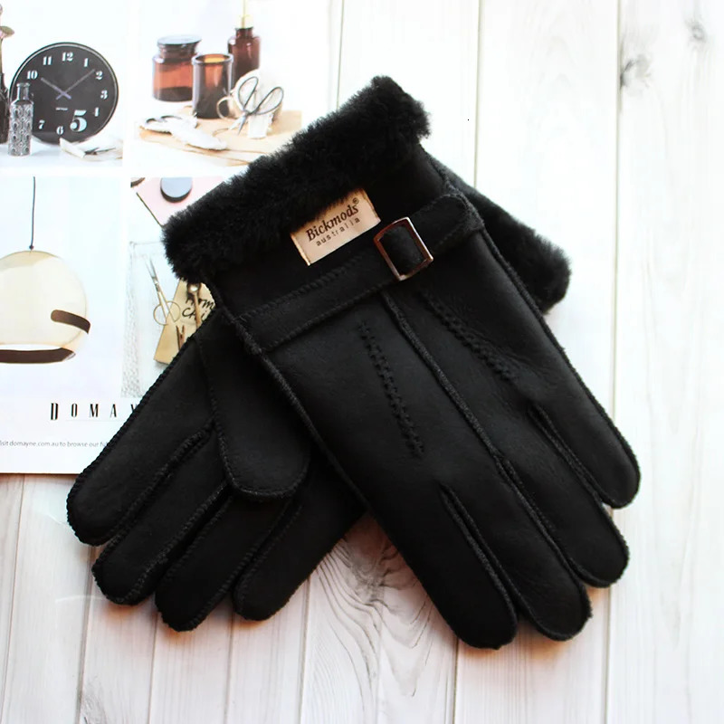 Sheepskin Fur Gloves Mens Thick Winter Warm Large Size Outdoor Windproof Cold Hand Stitching Sewn Leather Finger Gloves 251029