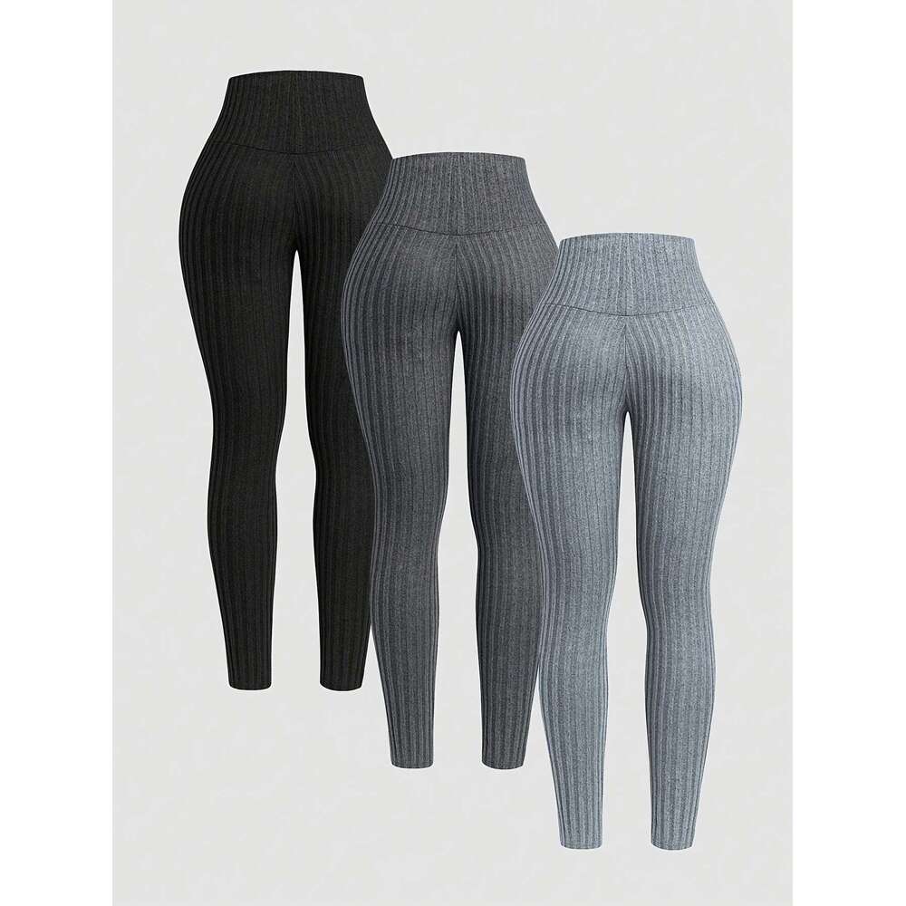 3Pcs Women's Casual Leggings Set High-Waisted, Stretchy, Solid Color Black, Gray, White - Comfortable & Versatile For All Seasons, High Waisted L