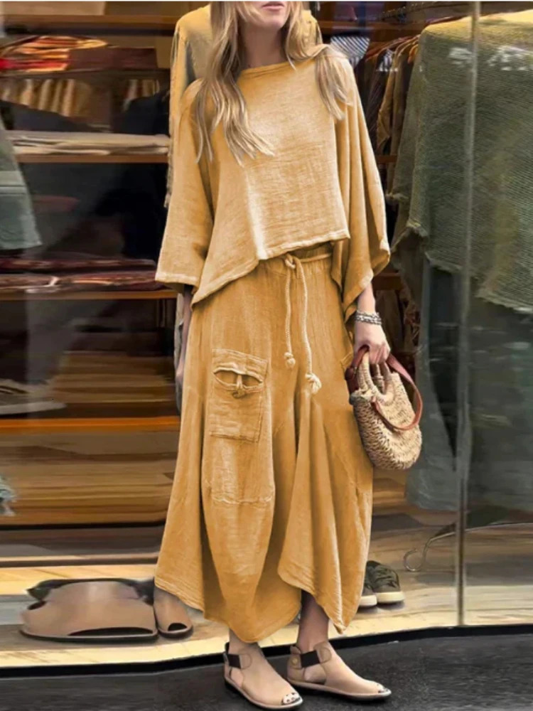 2024 Autumn Fashion Womens Cotton and Linen Loose Skirt Twopiece Set Solid Color Irregular Top Waist Pocket 251016