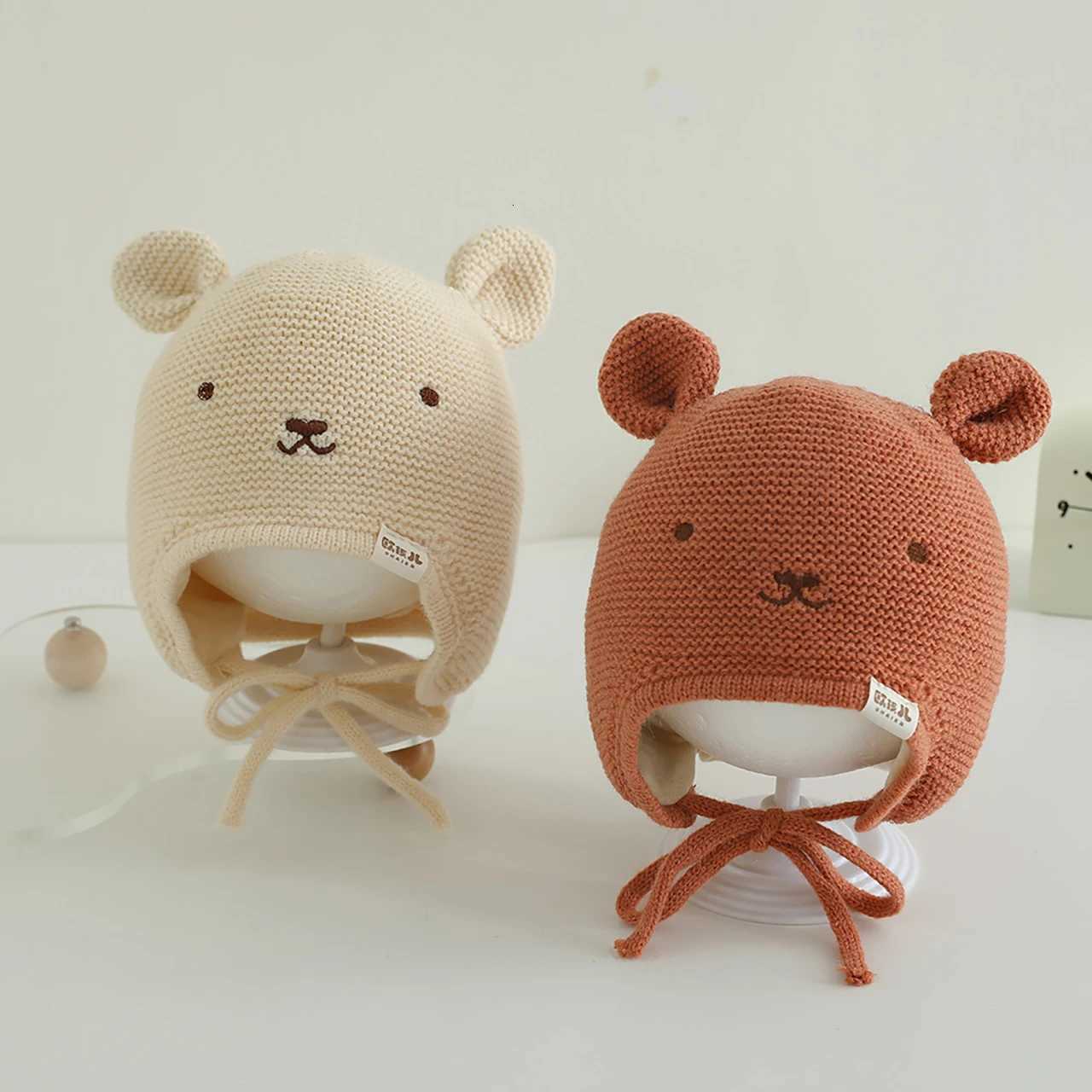 Cute Bear Knitted Baby Earflap Hat Autumn Winter Thick Warm Lacing Cap Windproof Outdoor Toddler Kids Earmuffs Beanie251028