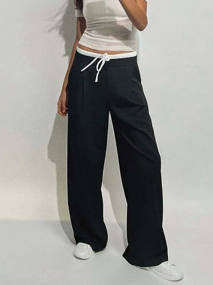 SIYANG Women Fashion Vintage Solid Straight Pants Side Zipper Drawstring Casual Trousers Spring Female Wide Leg 251029
