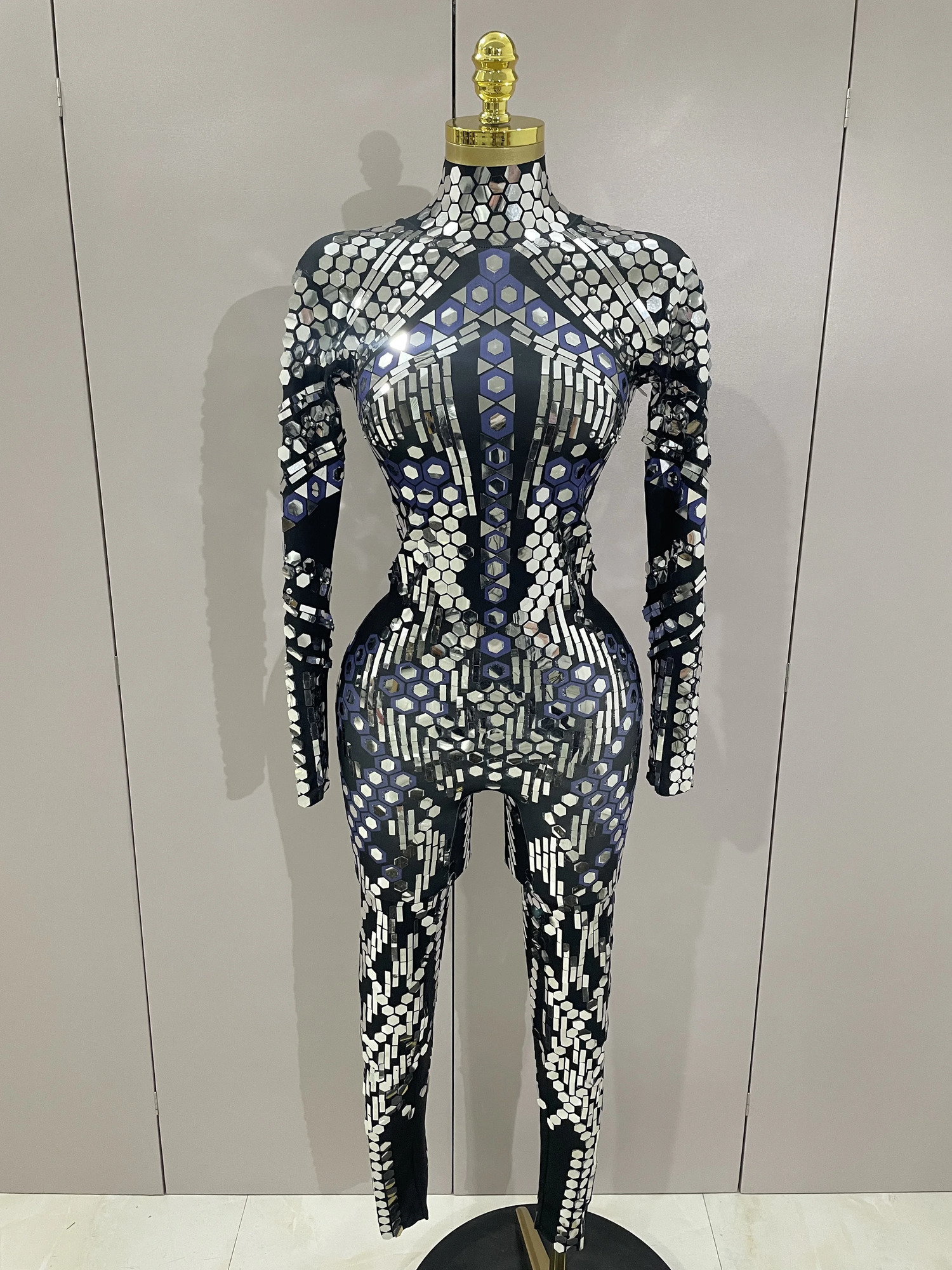 Sexy Shiny Silver Sequins Mirror Black Spandex Jumpsuit Women Prom Dancer Singer Costume Evening Birthday Show Stage Outfit 251027