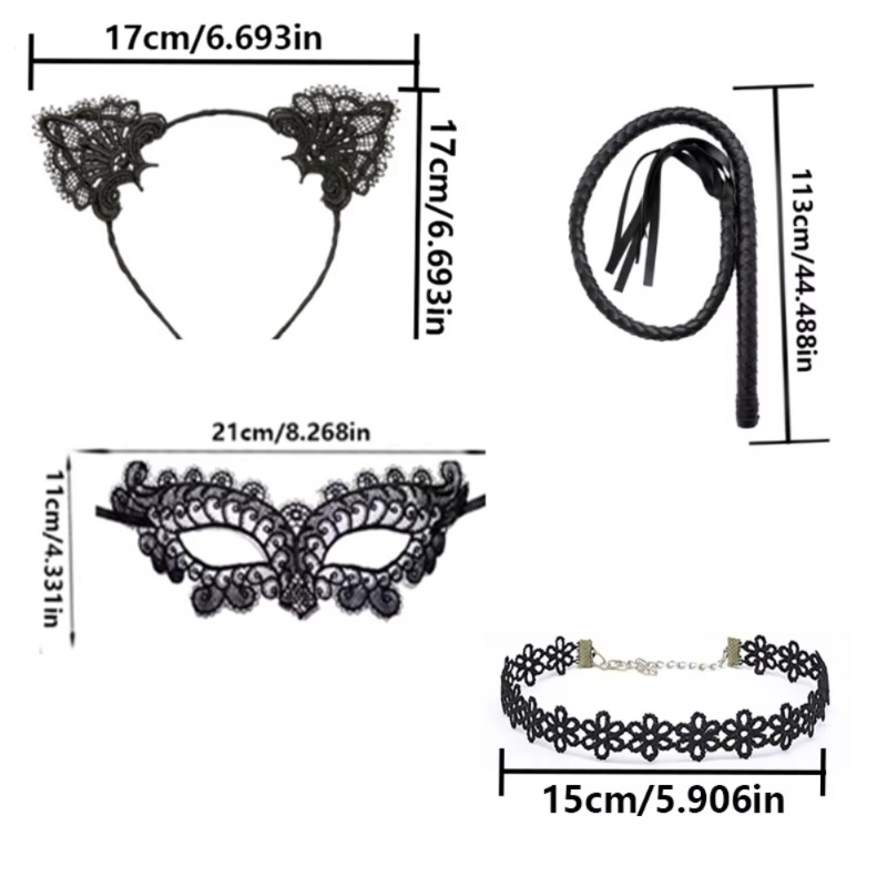 4 black cat costume sets, including shiny cat ears, headbands, tails, bow ties, fishing net gloves, lace masks and Cosplay costumes