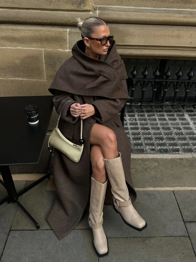 Fashion Shoulder Pad Solid Wool Overcoat Women Elegant Lapel Singlebreasted Long Sleeve Coat Autumn Lady Outwear 251021