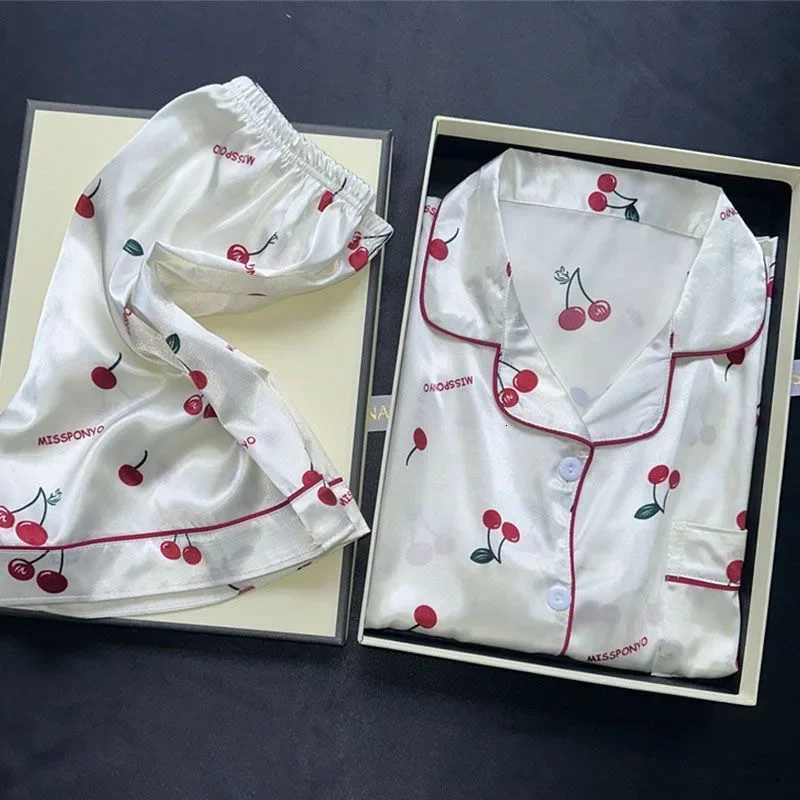 Big Size Women Pajamas Set Ice Silk ShortSleeved Girl Home Wear Solid Ladies sleepwear TwoPiece Comforts Cherry Print Fall AndT251029