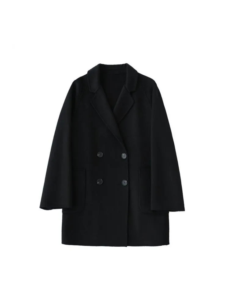 Autumn Korean Style Double Breasted Simple Black 100 Wool Coat Women Long Loose Suit Woolen Overcoat Jacket 251028