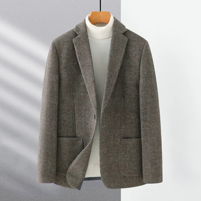 Men Elegant Tweed Blazer Beige Coffee Gray Sheep Wool Suit Jackets Male Business Casual Office Outfits Winter Autumn Attire 251028