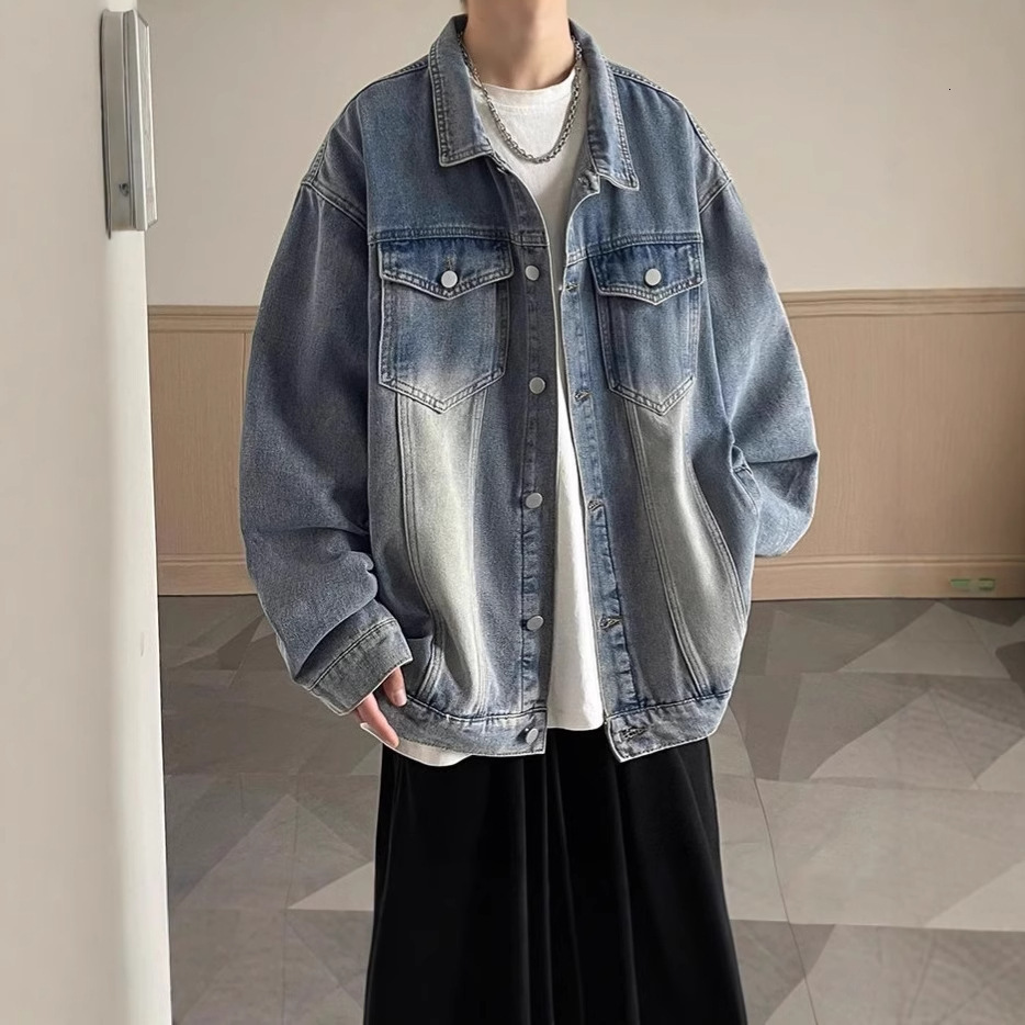 Men's Denim Jacket Spring Autumn Trendy American High Street Jacket Men's Turn-down Designer Jacket Collar Cool Loose Casual Coat Top