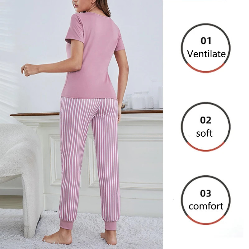 2Pcs Women Plus Size Pajamas ShortSleeved White Striped Drawstring Trousers Student Homewear Suit Letter Print TShirt Ladies 251029