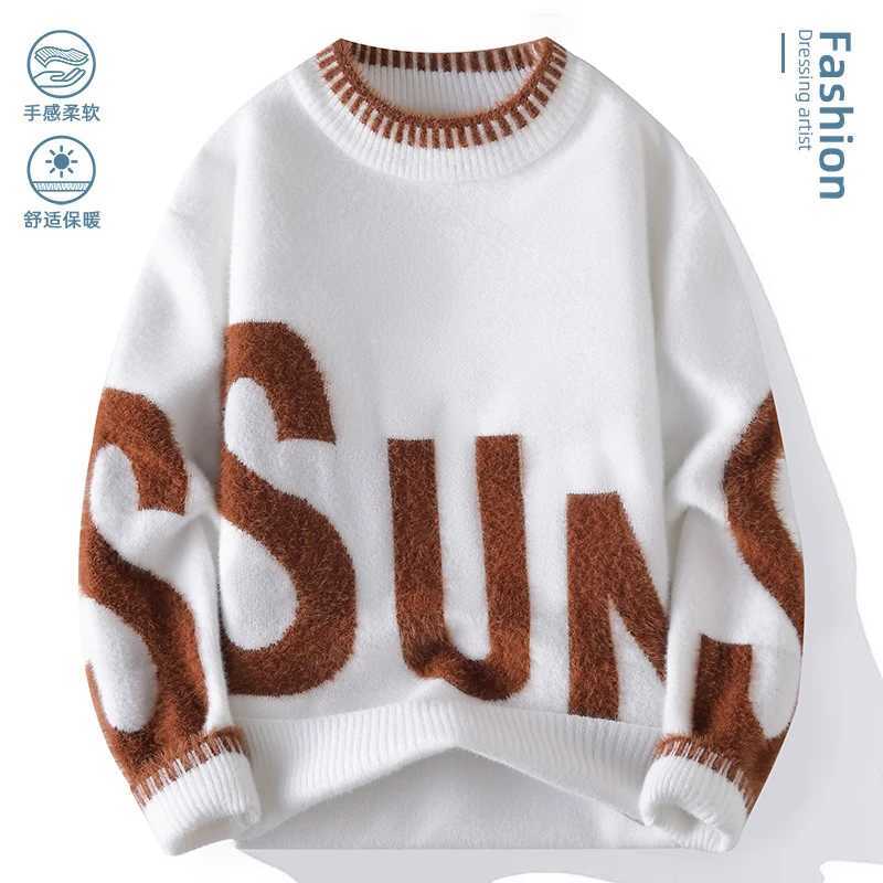 Mens Knitted Sweater with Letter Pattern Retro Design Oneck Loose Fit Autumn Winter Warm Casual Top High Street Style Sweater J251029