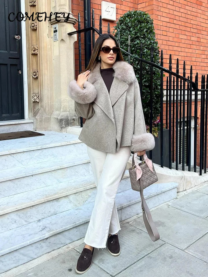 Winter Warm Fur Spliced Woolen Coat Women Loose Lapel Long Sleeve Solid Female Jacket Autumn Lady Elegant Outwear 251028