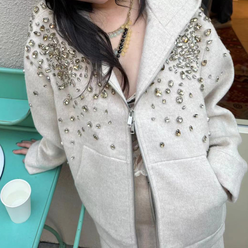 New autumn and winter designer heavy-duty craft diamond inlaid double-sided hooded sweatshirt jacket suitable for women's fashionable hooded swea