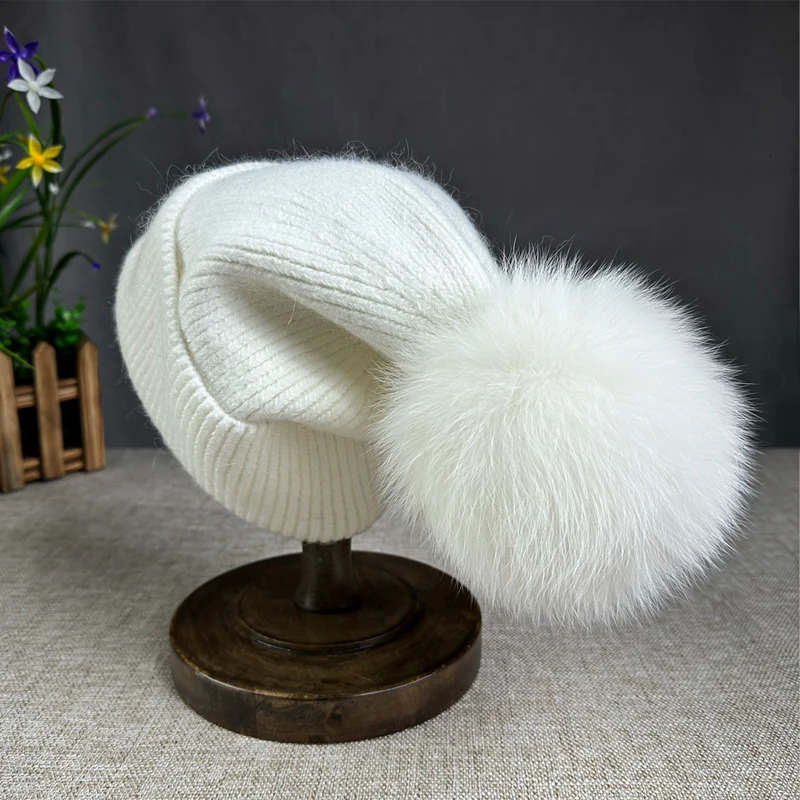 Cllikko Angora fur winter hat For Women children fox fur pompom hats Beanies Big size Bonnet Female Soft Warm Skullies hat 251029