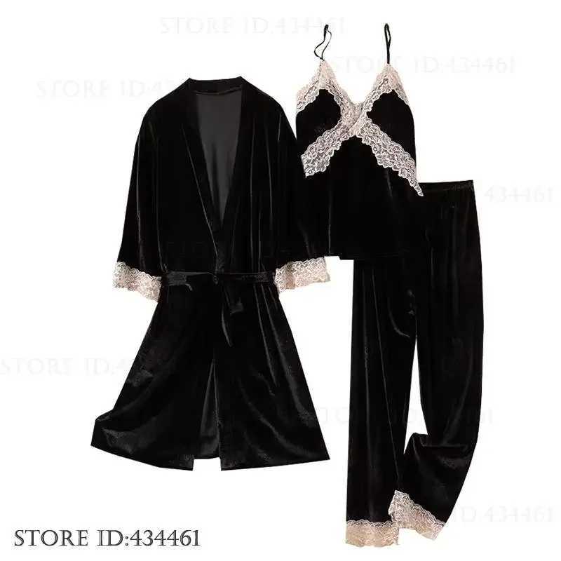 Autumn Winter Velour Women Sleepwear Velvet Female 3Pcs Robe Sexy Lace Lingerie Night Wear Loungewear Pajamas Set Home ClothesT251029